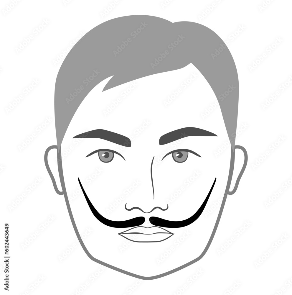 Dali mustache Beard style men face illustration Facial hair. Vector grey black portrait male Fashion template flat barber collection set. Stylish hairstyle isolated outline on white background.