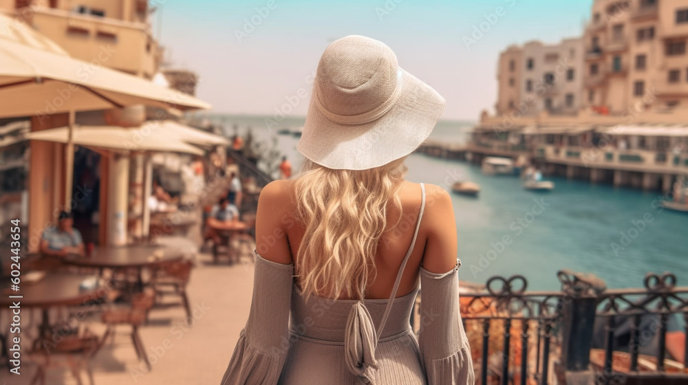 rear-view young adult woman in a tourist or local street with small restaurants at a river, fictional place, vacation in an old town