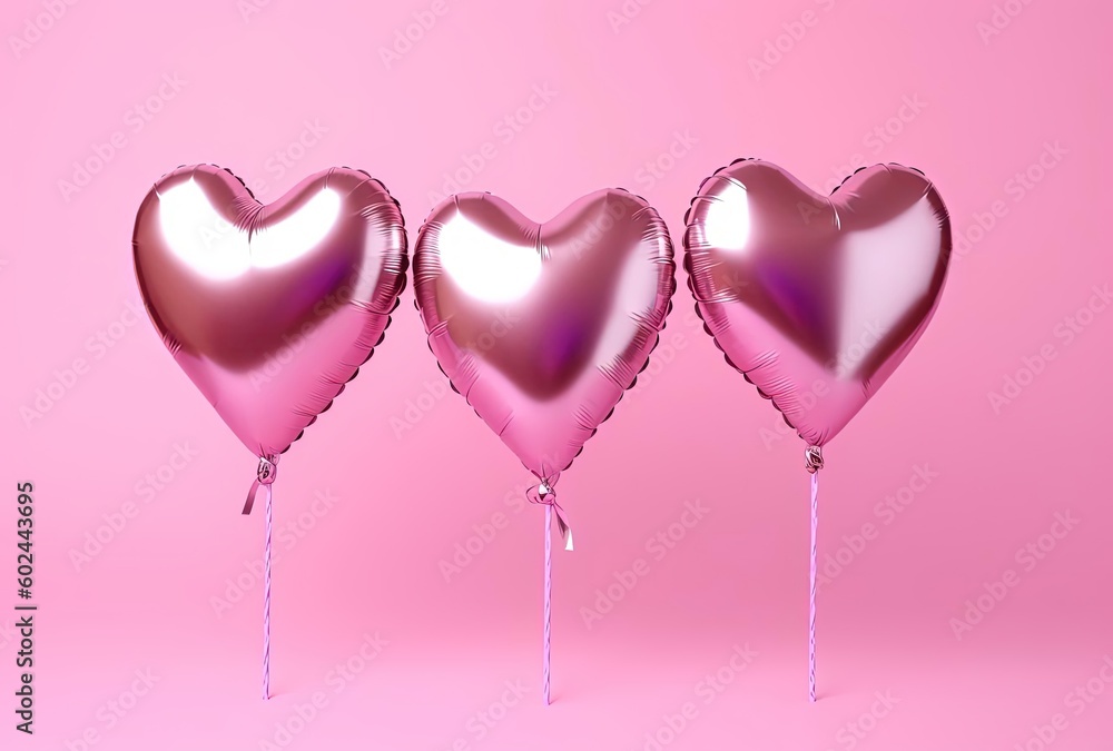 three heart shaped foil balloons against a pink background, generative ai