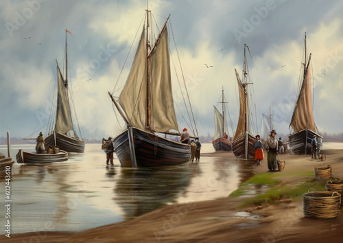 Digital oil paintings landscape, fishing boats in the harbor. Fine art © yaroslavartist