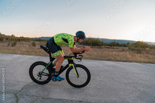 Fototapeta Naklejka Na Ścianę i Meble -   Triathlete riding his bicycle during sunset, preparing for a marathon. The warm colors of the sky provide a beautiful backdrop for his determined and focused effort.