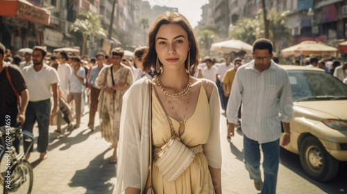 young adult woman on a street with a lot of local people, trip to an old town, city trip, fictional place