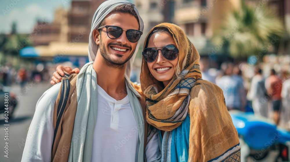 young adult woman and man are a couple and travel together, traveling in a city in their free time, laughing and smiling, happy life and contentment, vacation trip in beautiful old town