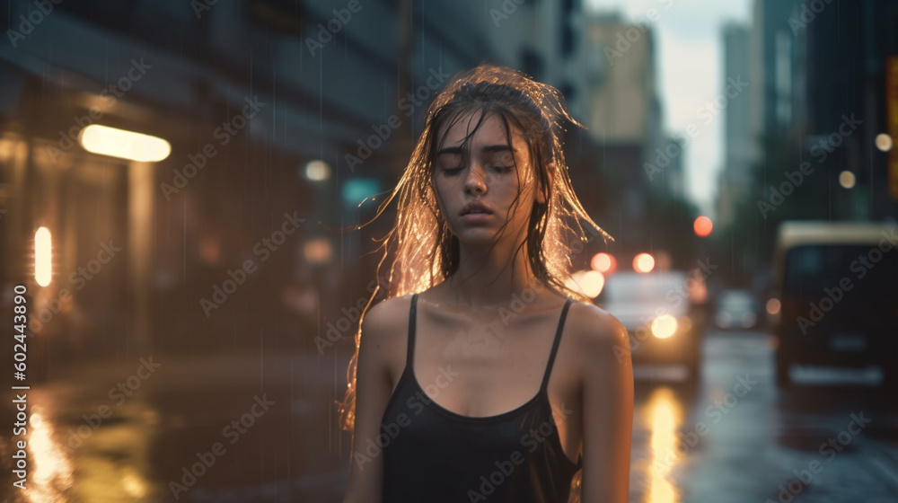 young adult woman or teenager with eyes closed on a street in the rain, rainy weather in gray city, tall buildings in a dark side street with vehicles, negative hopeless sad mood, fictitious city