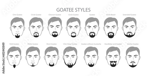 Set of Goatee Beard and mustache with name text style men face illustration Facial hair. Vector black grey portrait male Fashion template flat barber. Stylish hairstyle isolated outline on white