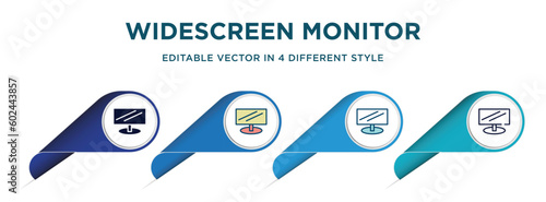 widescreen monitor icon in 4 different styles such as filled, color, glyph, colorful, lineal color. set of vector for web, mobile, ui