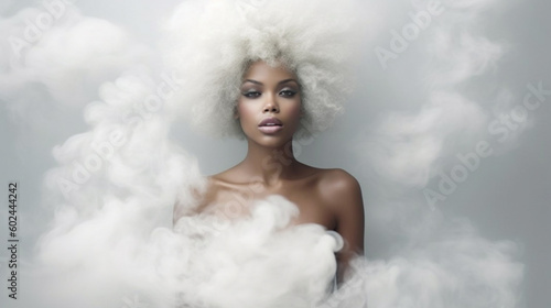 woman slender pretty beauty smile mouth open strong positive emotions, wears gauzy, fog-like fabrics, young adult tanned black dark african american woman