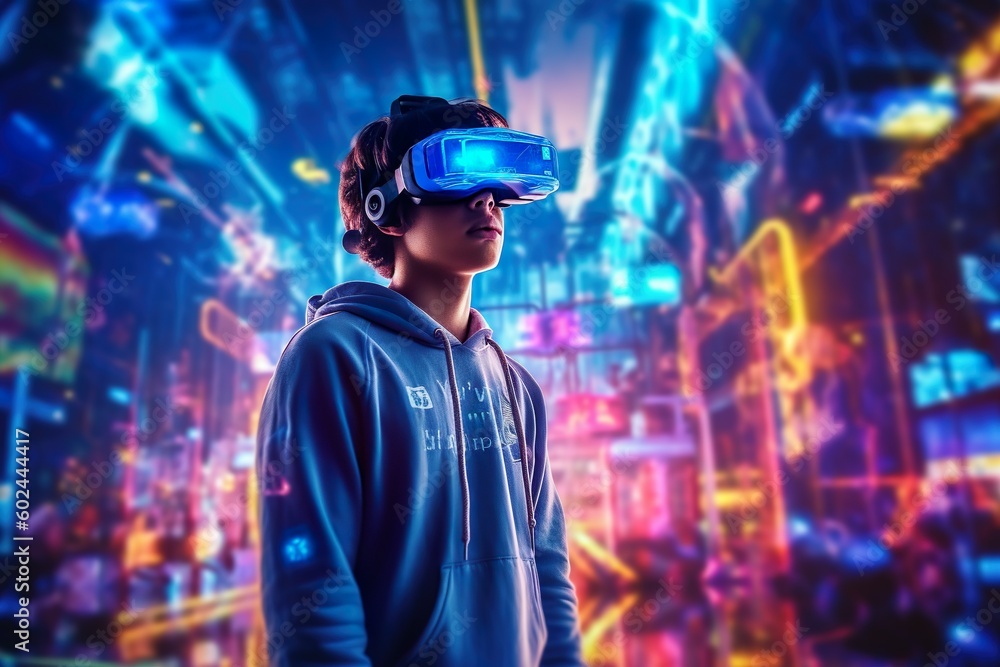 Innovative Young Man Immersed in Virtual Reality Metaverse Illuminated by Neon Lights. Generative AI Innovative Young Man Immersed in Virtual Reality Metaverse Illuminated by Neon Lights. Generative AI