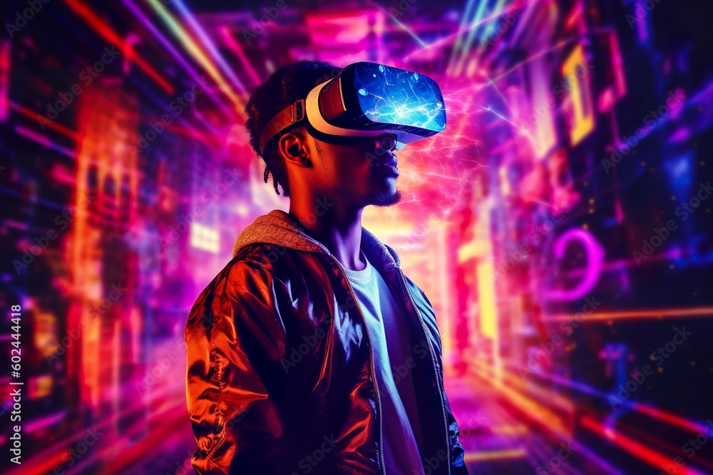Enthralled Young Man Exploring Digital Metaverse Through VR Headset Under Neon Lights. Generative AI Enthralled Young Man Exploring Digital Metaverse Through VR Headset Under Neon Lights. Generative AI