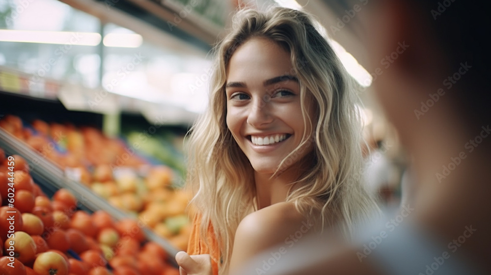 young adult woman in supermarket, good mood and fun shopping, between product shelves, smile and joy