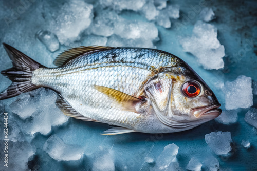 top down view of raw sea bream fish dorado in ice. space for text. generative AI