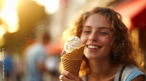 young adult woman holding an ice cream cone with ice cream in her hand, outdoors in summer in leisure time