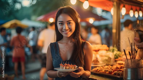 young adult woman asian with snacks and food  festive asia  in the evening at night market