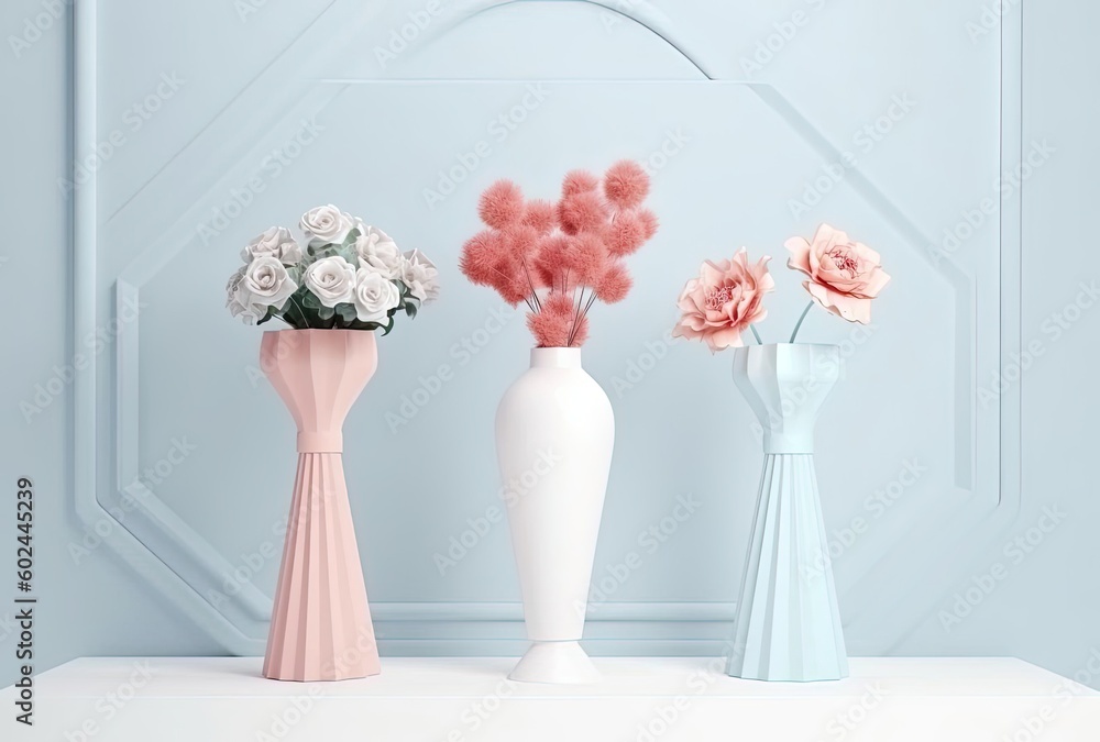 three pink flower vases on a white pedestal, generative ai