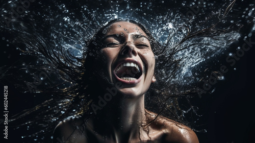 A young woman not having fun and unhappy exploded in water, dark colors unhappiness and sadness. Generative AI © wetzkaz