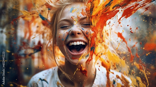 young woman or teenager with an abstract explosion of color, first own apartment or renovation of the children's room, emotional immense joy, radiantly happy and satisfied