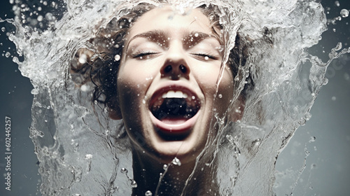 young adult woman, water splash, water, washing off refreshment bathing swimming. Generative AI photo