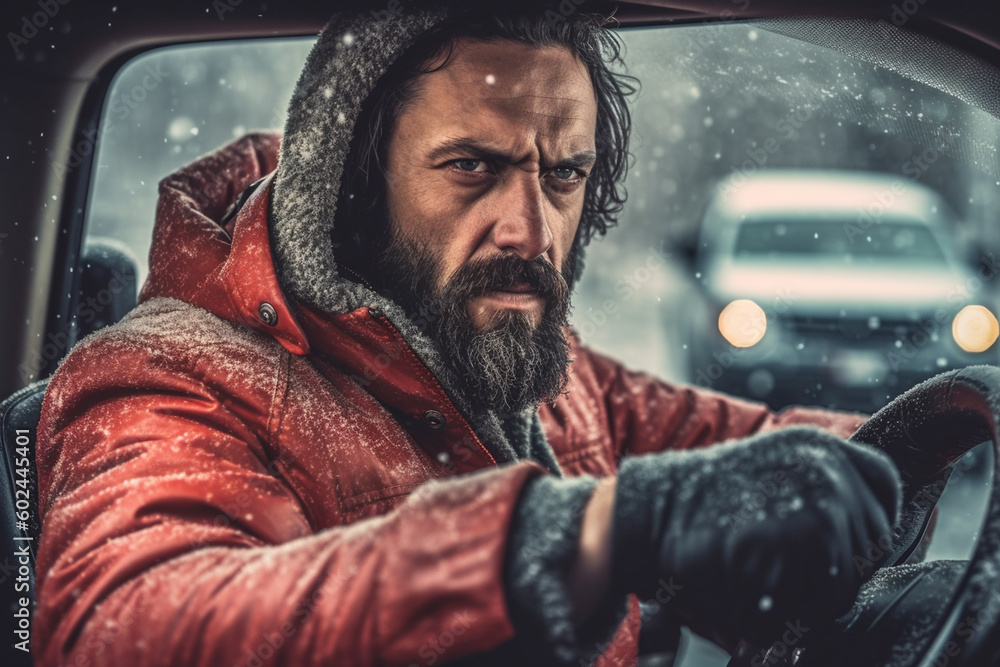 Aggressive driving, bad mood, stressful driving, traffic noise or pushed aside while driving, winter road. Generative AI Aggressive driving, bad mood, stressful driving, traffic noise or pushed aside while driving, winter road. Generative AI