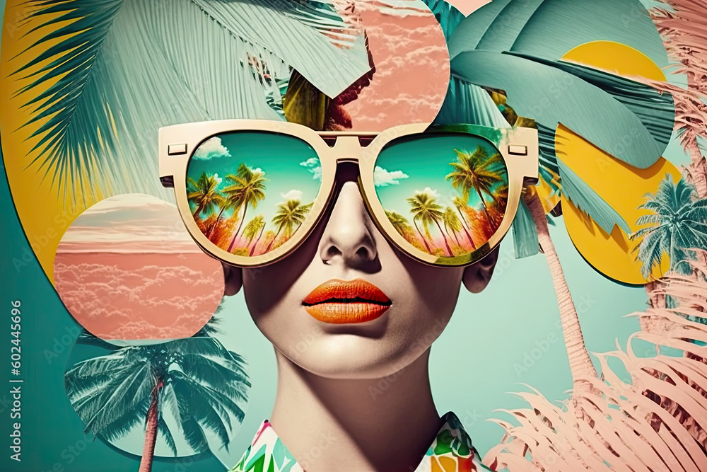 Retro style pastel colors summer background. Fashion woman wearing big sunglasses. Generative AI - obrazy, fototapety, plakaty 