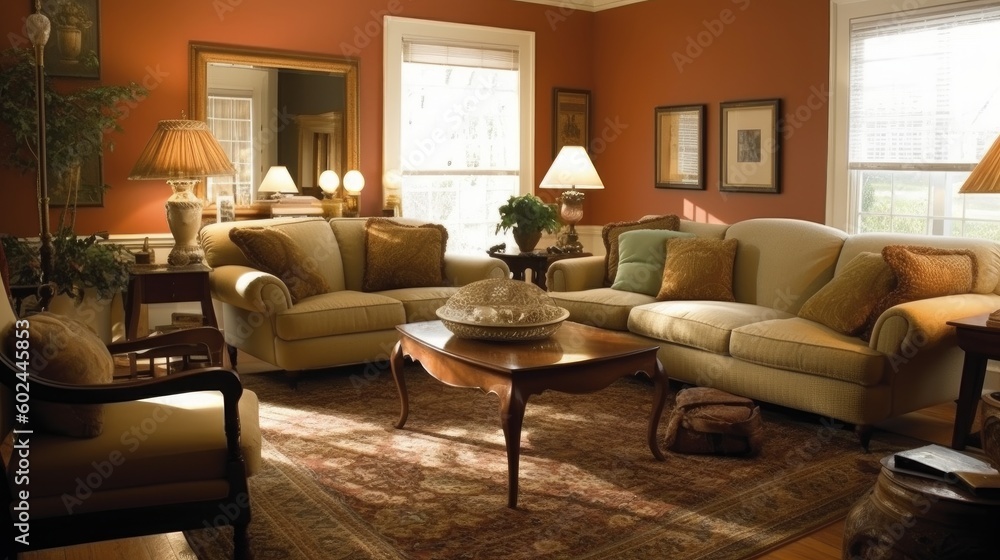 Fototapeta premium Living room - A room in a house used for relaxing. AI generated