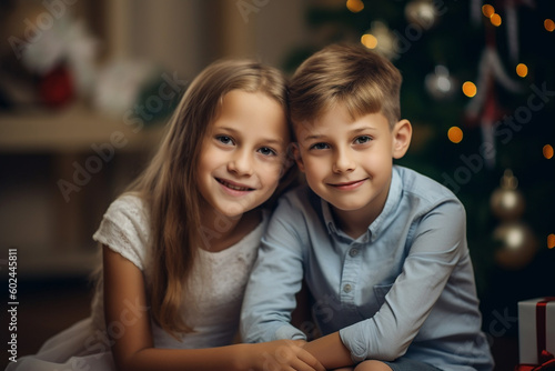 christmas in the living room, young toddlers, girl and boy are sitting next to each other on the floor in front of a christmas tree with christmas presents. Generative AI