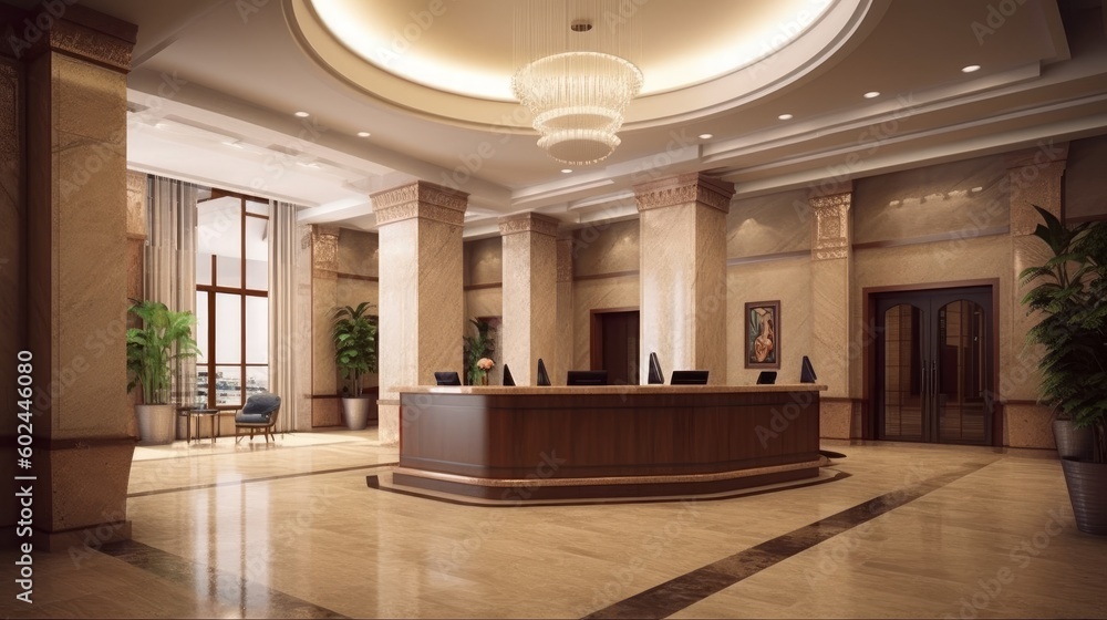 Lobby - The entrance or reception area of a public. AI generated Lobby - The entrance or reception area of a public. AI generated