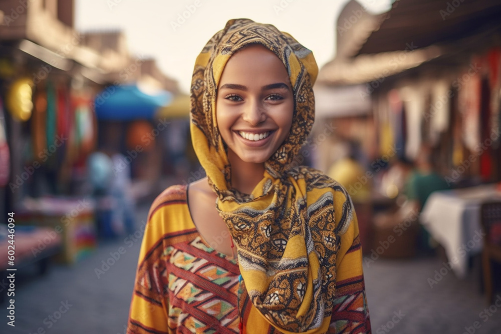 young adult or teenage girl, side street, smile, satisfied and happy, multiethnic female wearing fashionable comfortable headscarf, small town old town early evening. Generative AI