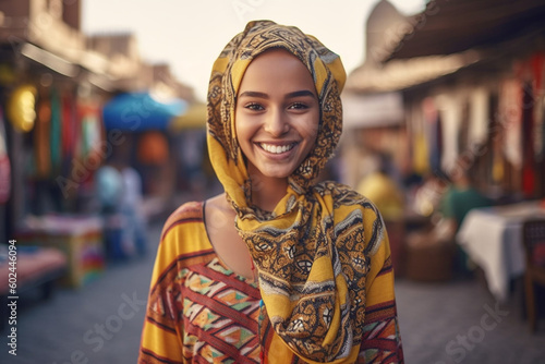 young adult or teenage girl, side street, smile, satisfied and happy, multiethnic female wearing fashionable comfortable headscarf, small town old town early evening. Generative AI