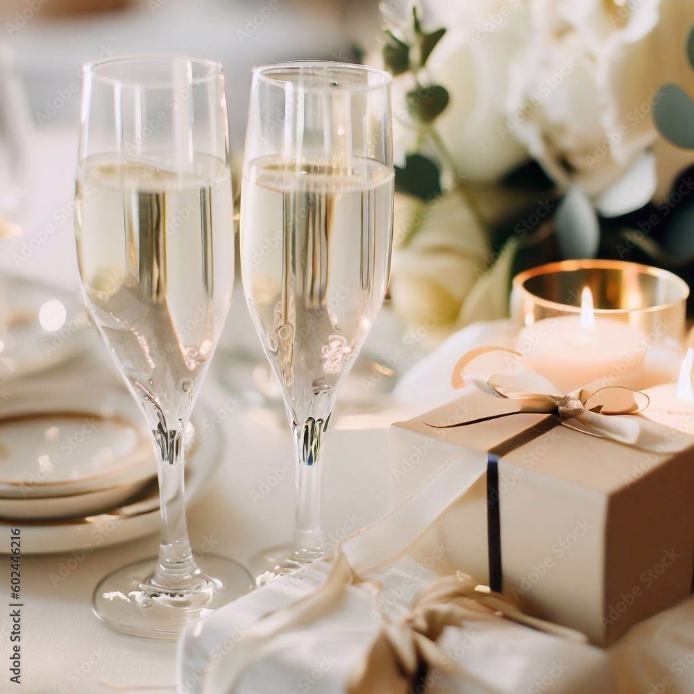 Wedding gifts. Champagne and gift boxes