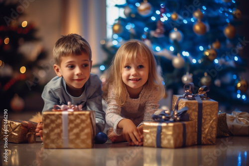 christmas in the living room, young toddlers, girl and boy are sitting next to each other on the floor in front of a christmas tree with christmas presents
