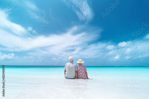 old man and old woman on vacation, back view, sitting on sun lounger chair right on the beach by the sea by the water, empty pristine white sandy beach with shallow water. Generative AI