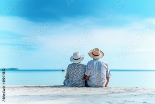 old man and old woman on vacation, back view, sitting on sun lounger chair right on the beach by the sea by the water, empty pristine white sandy beach with shallow water. Generative AI © wetzkaz
