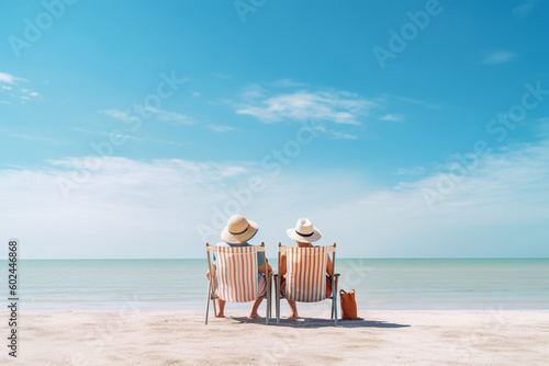 Fotografija old man and old woman on vacation, back view, sitting on sun lounger chair right on the beach by the sea by the water, empty pristine white sandy beach with shallow water