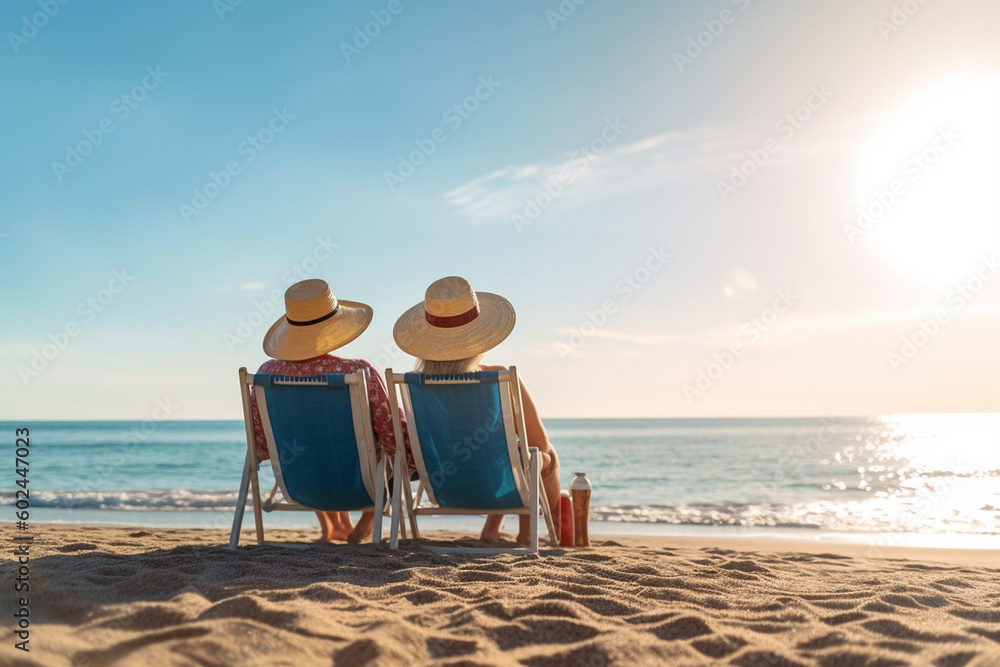 old man and old woman on vacation, back view, sitting on sun lounger chair right on the beach by the sea by the water, empty pristine white sandy beach with shallow water. Generative AI - obrazy, fototapety, plakaty 