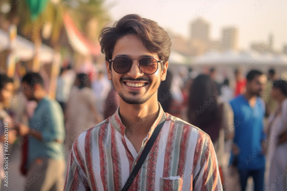 young adult man traveling in a big city, joyful happy satisfied smile. Generative AI young adult man traveling in a big city, joyful happy satisfied smile. Generative AI