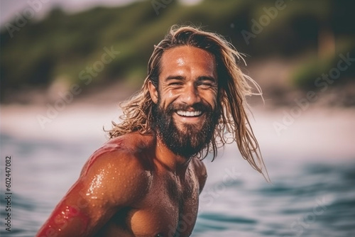 young adult man on surfboar...