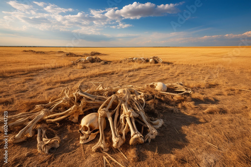 bones and skeleton, human skeleton and skull, skull bones in desert on dry field, climate change, fictional place and happening. Generative AI photo