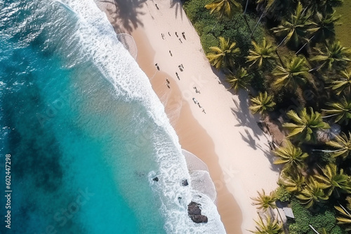 empty lonely stretch of beach, sandy beach with palm trees, aerial view. Generative AI © wetzkaz