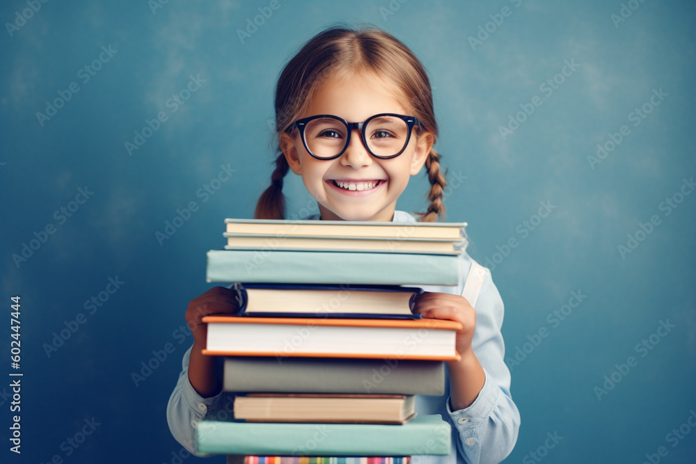 Toddler, school kid girl has fun and joy, anticipation, preschool elementary school school lessons, learning is fun, a stack of books. Generative AI Toddler, school kid girl has fun and joy, anticipation, preschool elementary school school lessons, learning is fun, a stack of books. Generative AI