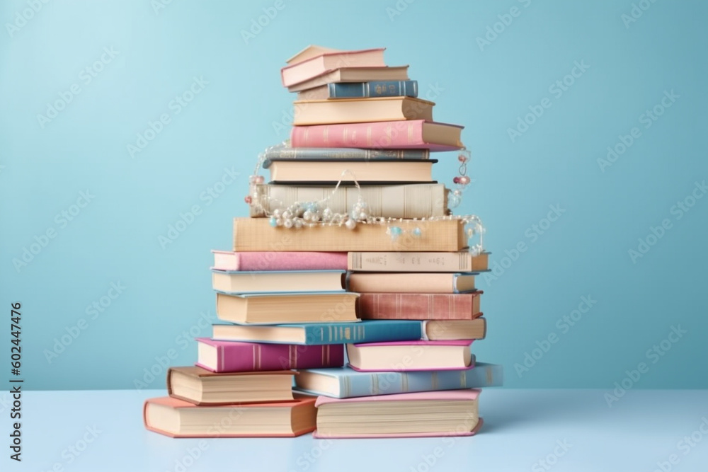 a stack of books on a shelf with a blue wall, school learn knowledge and education through book knowledge. Generative AI a stack of books on a shelf with a blue wall, school learn knowledge and education through book knowledge. Generative AI