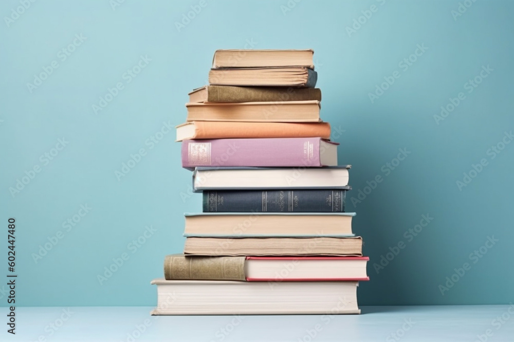 a stack of books on a shelf with a blue wall, school learn knowledge and education through book knowledge. Generative AI a stack of books on a shelf with a blue wall, school learn knowledge and education through book knowledge. Generative AI