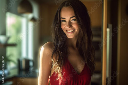 young adult woman with red summer dress is happy and content, at home in the kitchen with window and daylight, everyday life and beautiful day. Generative AI Free Download young adult woman with red summer dress is happy and content, at home in the kitchen with window and daylight, everyday life and beautiful day. Generative AI - GFXLoad