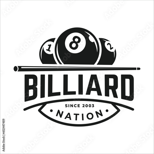 Billiards logo, stick vector, Sport labels for poolroom, Billiards club logo template.