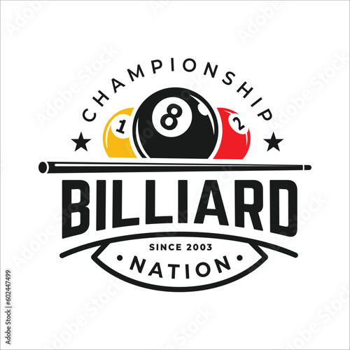 Billiards logo, stick vector, Sport labels for poolroom, Billiards club logo template.