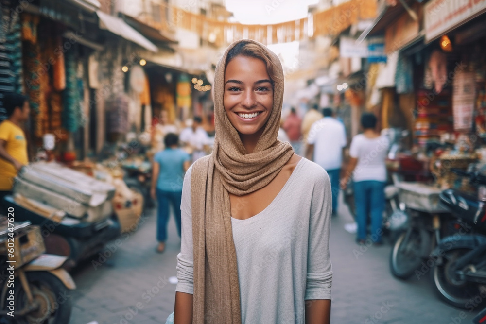 young adult woman, city stroll or city trip or at home in the home town outside enjoying the summer, sunset woman outdoors. Generative AI