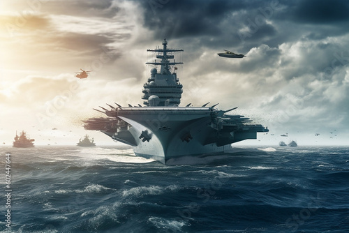 aircraft carrier with fighter planes on the open sea  army and invasion  attack and war  jets and military  combat mission. Generative AI