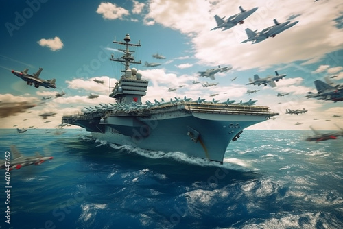 aircraft carrier with fighter planes on the open sea, army and invasion, attack and war, jets and military, combat mission. Generative AI