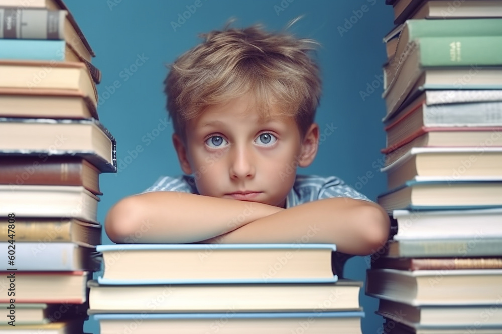 young toddler, kid with sad expression on face, stack of school books young toddler, kid with sad expression on face, stack of school books