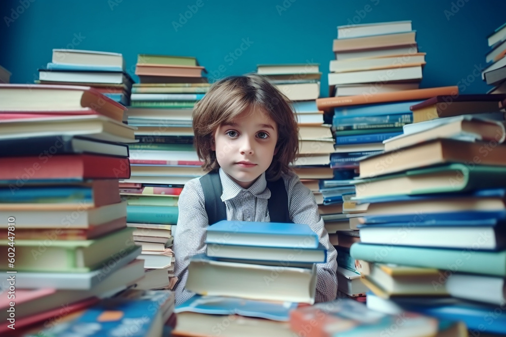young toddler, kid with sad expression on face, stack of school books young toddler, kid with sad expression on face, stack of school books