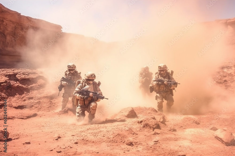 men, team are soldiers in the war zone in deserts and hills, explosion with fire and smoke and smoke, dirty desert landscape, soldiers with guns, fictitious place. Generative AI